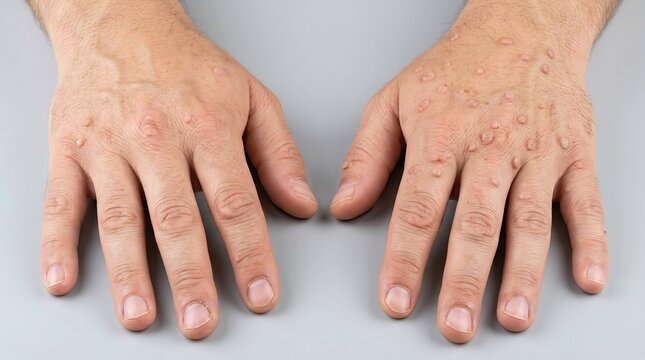 Close-up of human hands with numerous raised skin papules and flesh-colored bumps on the back of the palms