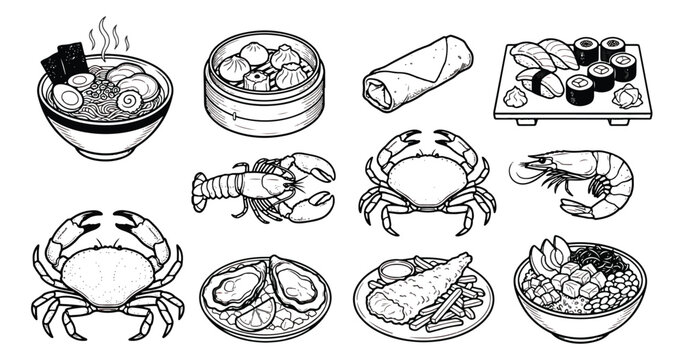 Japanese and Asian seafood icons set, black and white line art vector of sushi, ramen, and dim sum, 12 seafood and cuisine elements for restaurant menus