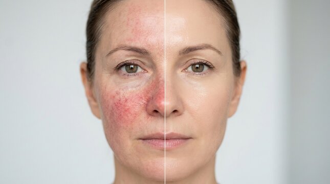 Split face portrait of a woman showing skin condition comparison between irritated red skin and smooth healthy complexion