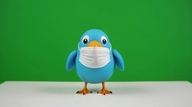 Animated blue bird wearing face mask standing on green screen background with copy space for health awareness