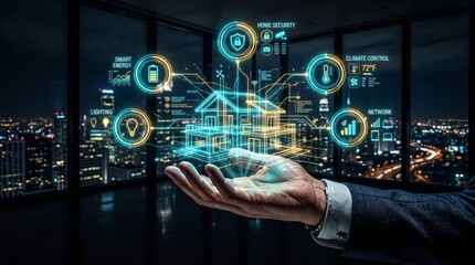 Fototapeta premium Smart Home Security and Automation System with Futuristic Hologram House on Businessman Hand Night