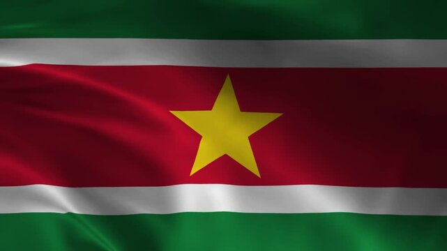 Suriname Flag Waving in Wind Seamless Loop &ndash; Full HD 1080p Realistic Cloth Animation with Golden Star on Green White Red National Flag Motion Graphics