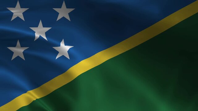 Solomon Islands Flag Waving in Wind Seamless Loop &ndash; Full HD 1080p Realistic Cloth Animation with Five White Stars and Diagonal Yellow Stripe Motion Graphics