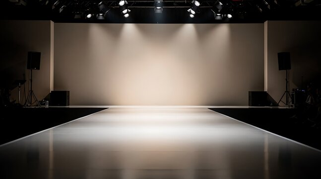 Empty Fashion Runway Stage with Bright Spotlights Awaiting a Grand Show.
