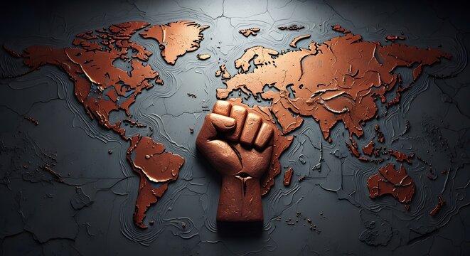 Global activism and human rights concept. Justice, equality, and unity. Bronze colored fist raised over a stylized world map background