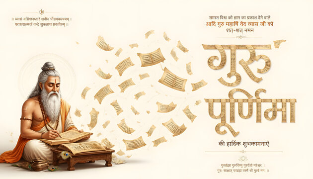 Guru Purnima celebration honoring Maharishi Ved Vyas writing sacred scriptures with floating manuscript pages, symbolizing Vyasa Purnima, Vedic wisdom, Hindu festival greeting design.
