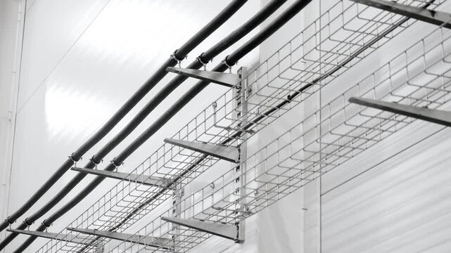  Electrical cable trays and power cables installed inside a modern industrial warehouse. Industrial infrastructure, electrical engineering and commercial building utilities.