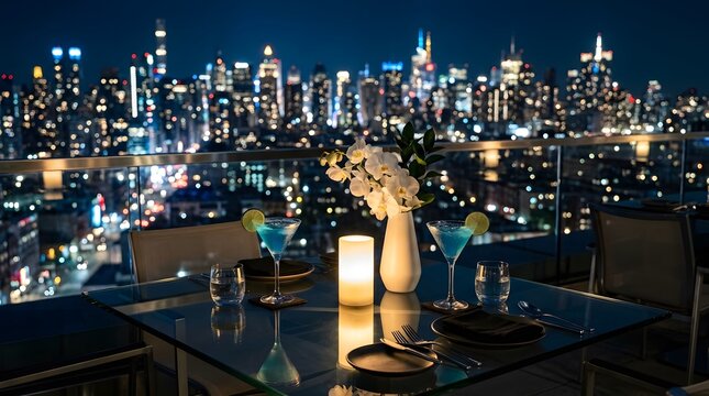 Romantic rooftop dinner with cocktails and city skyline at night