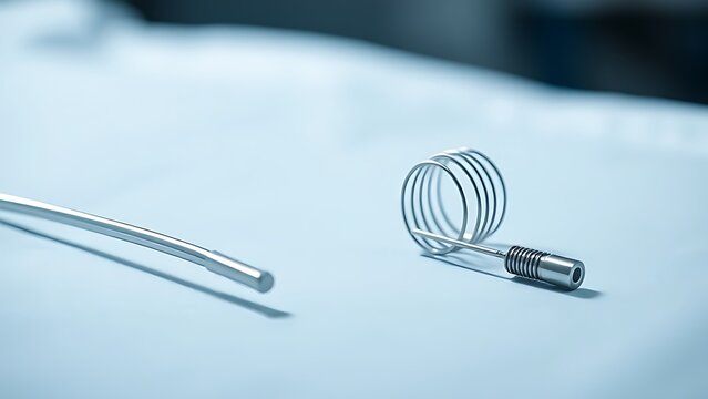 Slender balloon catheter and miniature stent on surgical tray, metallic shine.