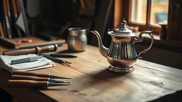 Silversmith's wooden workbench with tools and a gleaming silver teapot in progress, soft window light.