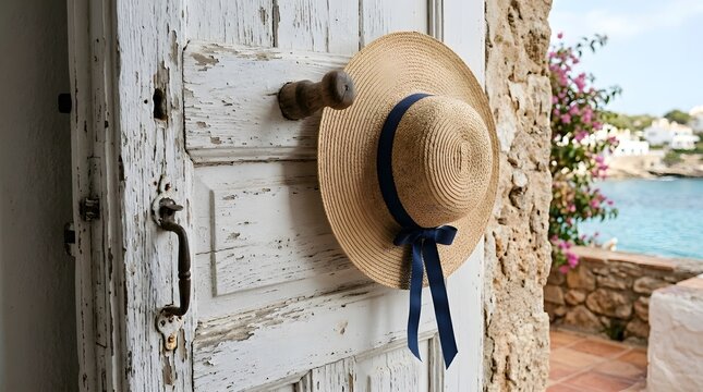 Straw hat hanging on an old rustic white door with a coastal view