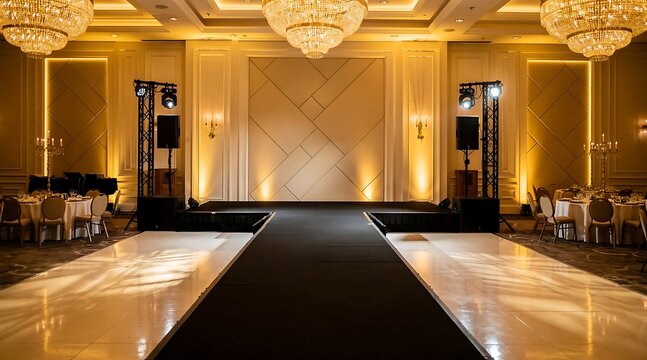 Elegant Ballroom with Stage and Runway for Special Events.