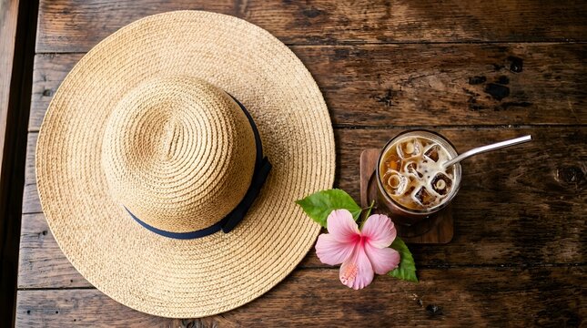 Summer flat lay with straw hat, iced coffee and hibiscus flower on wooden table