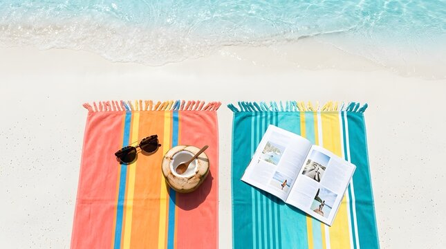 Top view of colorful beach towels with sunglasses coconut and magazine on white sand