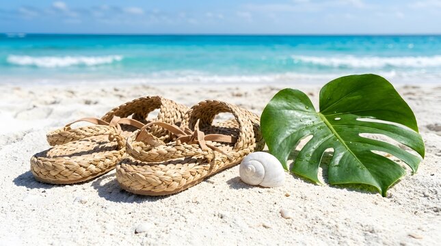 Summer vacation background with woven sandals monstera leaf and seashell on white sand beach