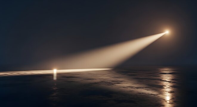 Dramatic spotlight shining on a dark reflective surface. Concept of focus and finding hidden opportunity. Intense beam of light illuminating a spot on a dark ground with water ripples