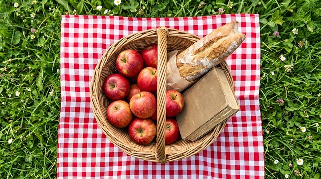 Picnic basket with red apples baguette and book on a checkered cloth over green grass