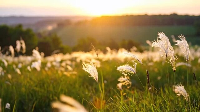 Golden sunset over a field of wild feather grass in the countryside