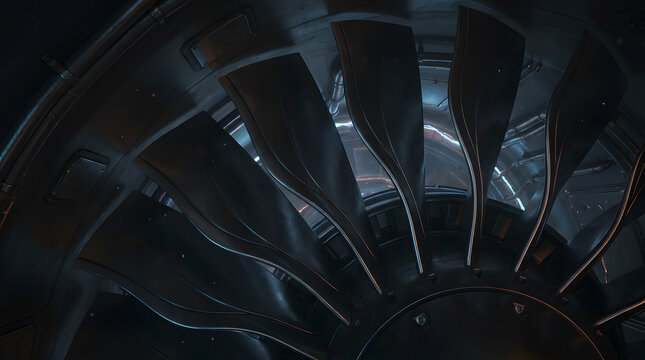 Futuristic jet turbine engine interior with dark metallic blades and dramatic lighting, sci-fi industrial background