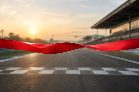 A single red ribbon fluttering on an empty racetrack at dawn.
