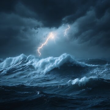 Powerful lightning strike hitting a rough sea with high churning waves during a dark tempest