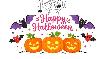 Fototapeta premium Happy halloween pumpkins bats spiders web