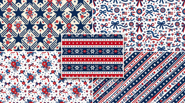 Patriotic American seamless patterns with stars and stripes set.