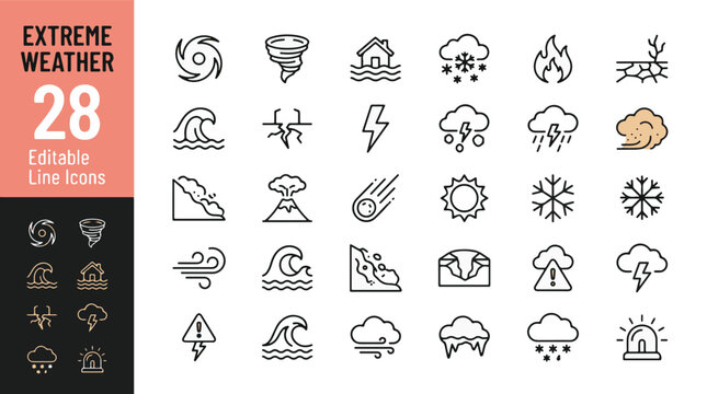 Extreme weather and natural disasters web icons in line style. Tornado, hurricane, flood, earthquake, wildfire, and blizzard collection. Professional outline icon set. Editable stroke vector pack.