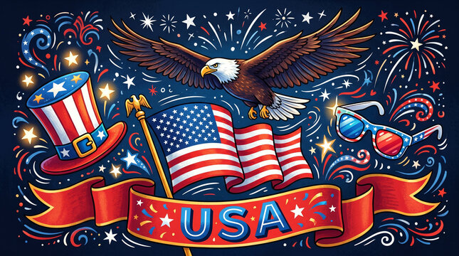 Patriotic eagle with flags and fireworks illustration