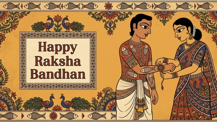 Fototapeta premium Madhubani Raksha Bandhan Illustration – Traditional Folk Art Festival Design