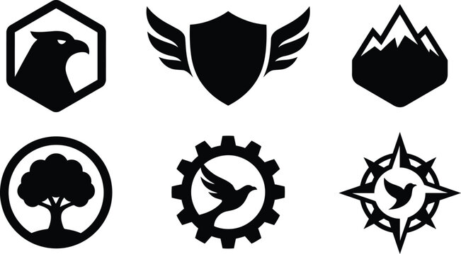 Collection of diverse black vector icons including a hawk shield with wings mountain tree gear with bird and compass for branding and design