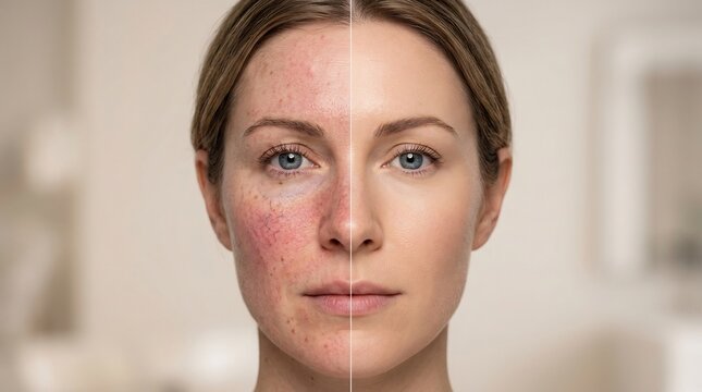 Split face portrait of a woman comparing problematic skin with acne and redness to clear healthy smooth skin