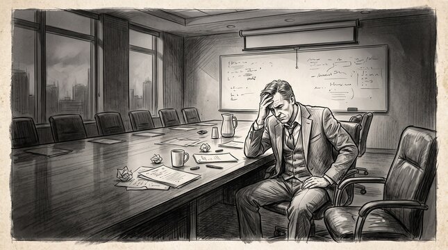 An overwhelmed man sitting alone in a dark office after a long workday