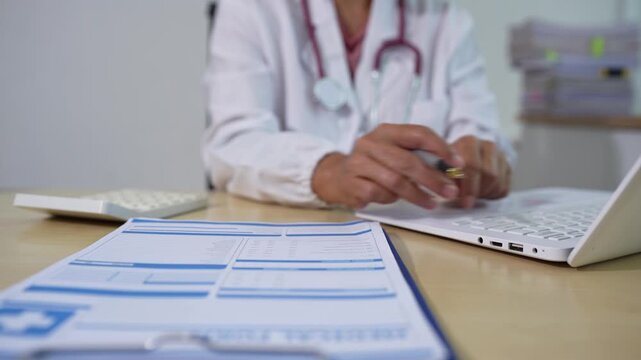 Doctor use a service fee calculator to save money on health insurance, drug cost concept.