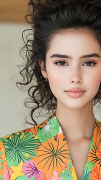 Portrait of a teenage girl with curly hair, smiling softly