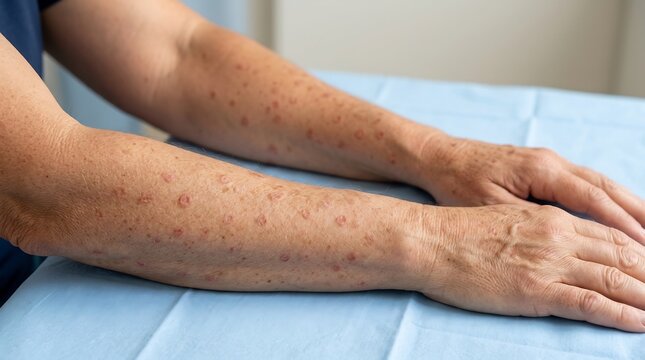 Close-up of human forearms and hands with red skin lesions and inflammatory rash on a blue medical table