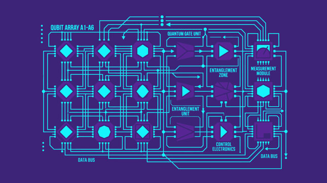 Quantum computing circuit diagram schematic with qubits and data bus connections