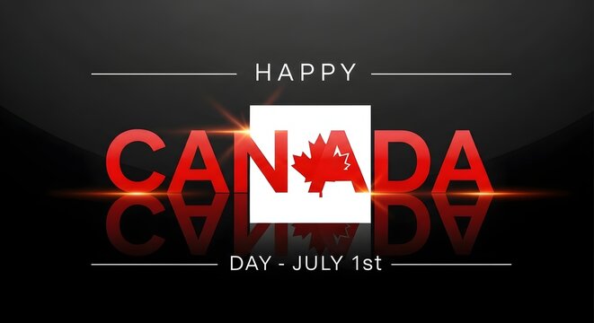 Canada Day celebration and national pride. Patriotic holiday and summer festivals. Bold 3D red letters with a maple leaf logo and reflection on a black background