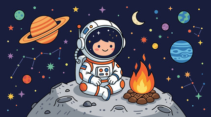 Fototapeta premium Cute Cartoon Astronaut Sitting by a Campfire on the Moon, Whimsical Space Exploration Scene with Planets and Stars Vector Illustration
