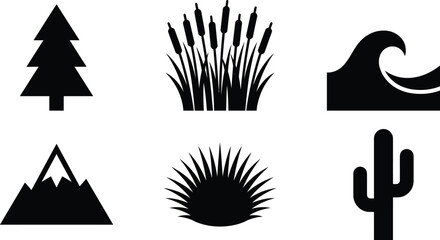 Collection of nature landscape icons including a pine tree reeds wave mountain grass and cactus perfect for environmental or travel themes © Ali