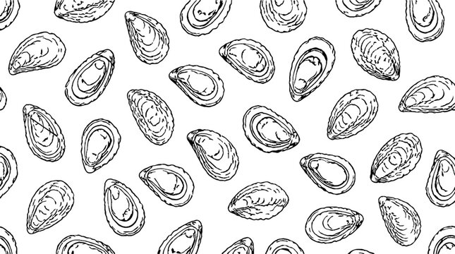Detailed black and white mussel shell illustrations.