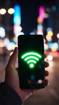 A Smartphone Displaying a Green Wi-Fi Icon Against a Blurred Urban Nightscape, Highlighting Connectivity amidst Vibrant City Lights