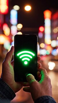 A Glowing Display of Connectivity: Showcasing a Hand Holding a Smartphone with a Vibrant Green Wi-Fi Symbol in a Colorful Night Cityscape