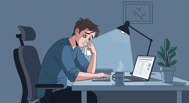 Tired Man Working Late Into The Night, Overwhelm With Work on His Laptop