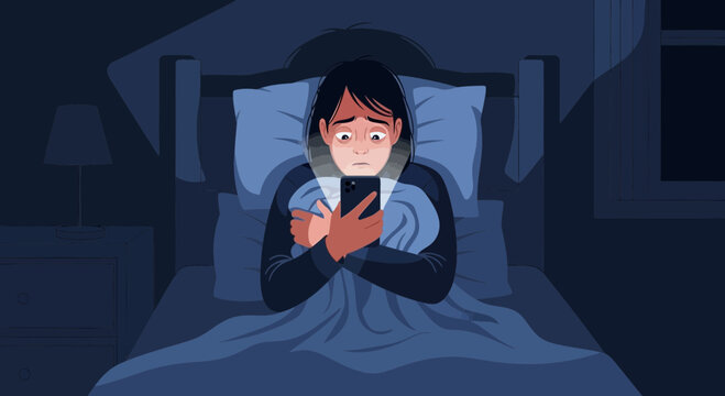 Troubled Sleeper Illuminated by Device Glow at Night