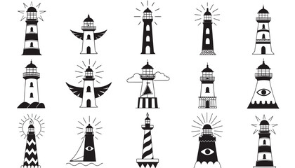 Obraz premium Collection of black and white lighthouse illustrations in various artistic styles.