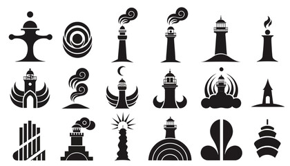 Naklejka premium Collection of sixteen black and white vintage travel and navigation icons set.