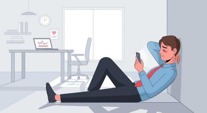 Tired Businessman Sitting On Floor Checking Cellphone In a Minimalist Office Scene