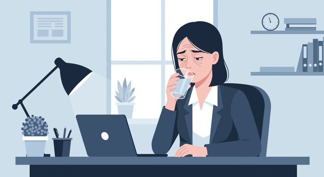 Tired Businesswoman Taking a Break, Drinking Water During Workday In Office