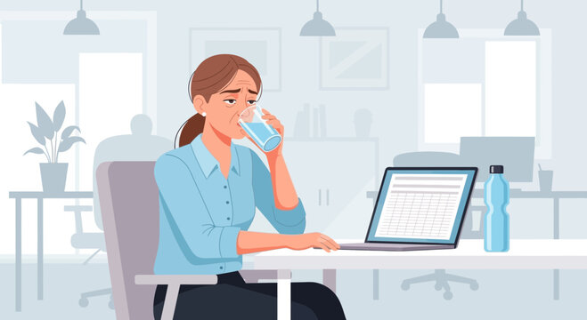 Tired Businesswoman Taking A Drink While Working At Her Office Desk Illustration